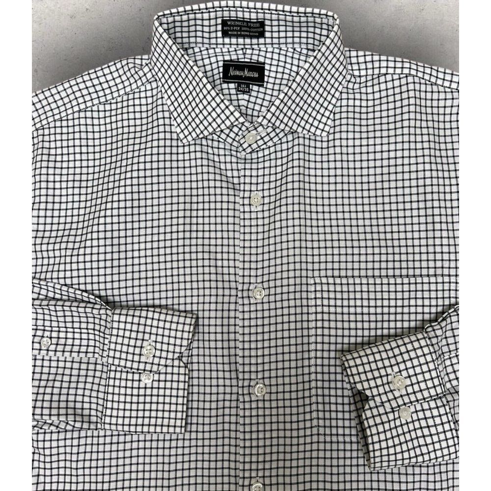 Vintage Neiman Marcus Dress Shirt Men‎ Black White Cotton Button Up Wrinkle Free